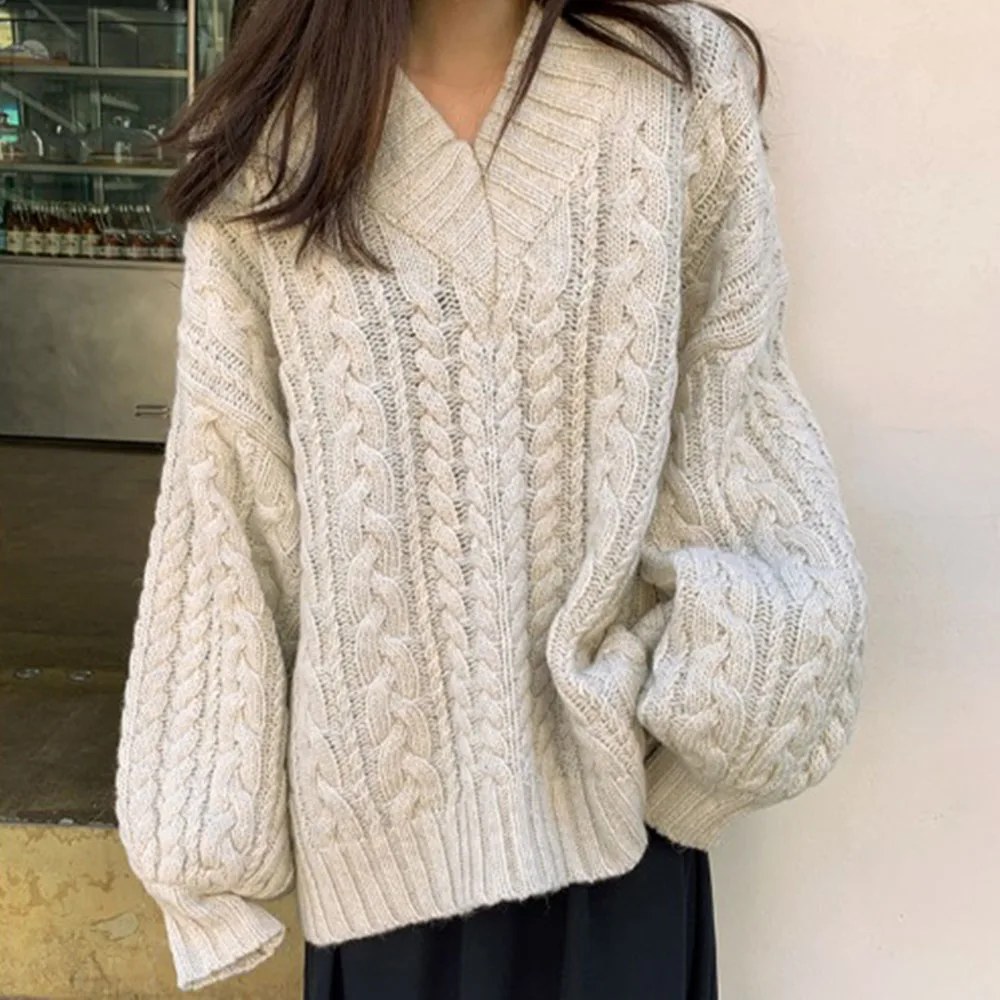 

Корейский шикарный популярный свитер Ранняя осень ленивый стиль высокое качество чувство V-образный вырез твист Свободный Вязаный топ зимн...