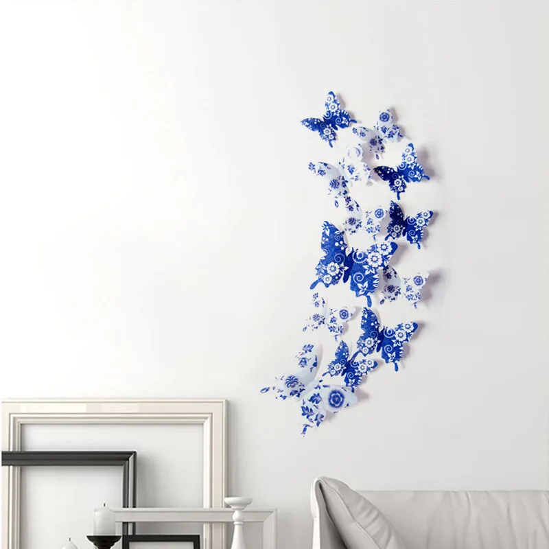 12 шт./компл. наклейки на стену с бабочка 3D белого и голубого цвета бабочками