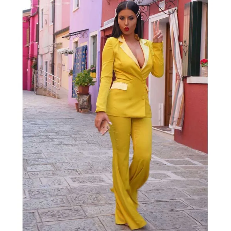 Женский дизайнерский брючный костюм подиумный двубортный Блейзер и брюки клеш