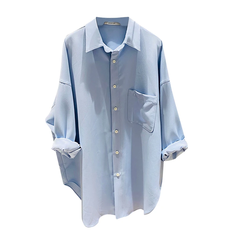 

Autumn New Korean-Style Loose White Shirt Women Solid Color Long-Sleeved Blue Shirt Chiffon Blouse All-match Elegant Tops
