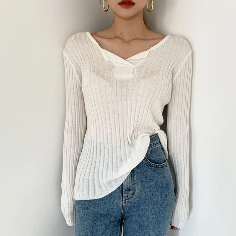

V-Neck Spring Knitted T-Shirts Women Long Sleeve Casual Solid Striped Shirts Tops Korean Slim Fit Knitwear Tops Autumn M026