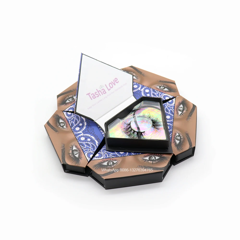 

Blue Bandana Diamond Eyelash Empty Box Makeup Eyelashes 3D Mink Lashes Custom Lashbox Packaging With Logo Reusable Eyelash