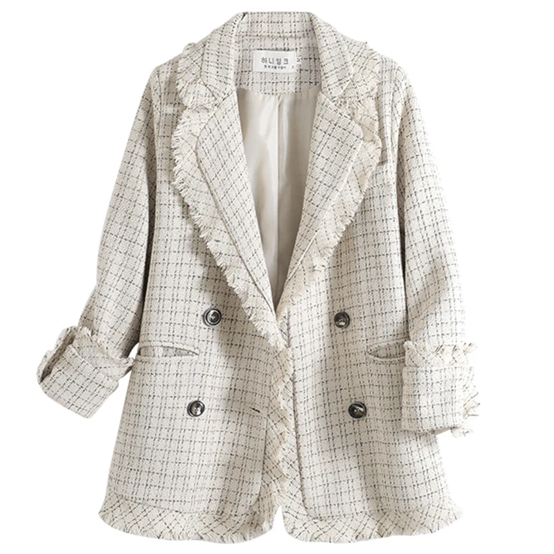 Женский твидовый пиджак в клетку черный бежевый с карманами двубортный Блейзер