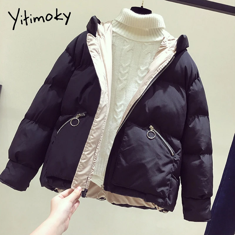

Yitimoky Hoodie Jacket Woman Winter Black Beige Cotton Hood Coat Warm Parkas Stand Collar Korean Fashion Outwear Female Clothing