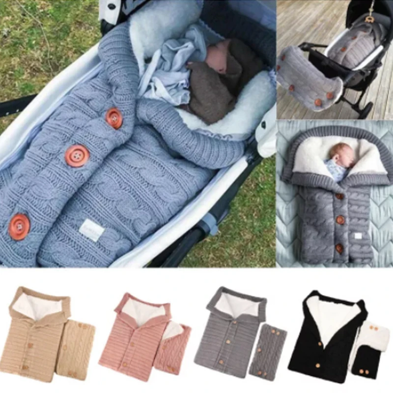 

Newborn Baby Knitted Warm Sleeping Bags Winter Warm Blanket Knitting Swaddle Wrap Toddler Sleeping Bag +Pram Handrail 2Pcs Set