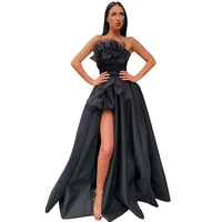 new arrival a line strapless black evening dress side slit long satin formal dresses with feathers women party gowns 2020