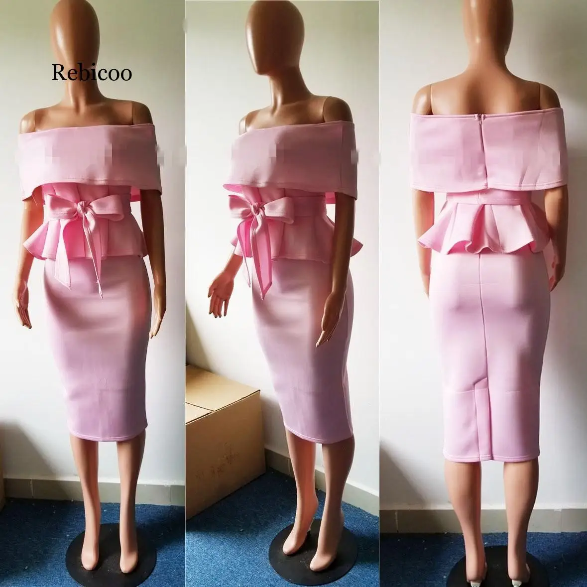 

New Women Short Sleeve Ruffle Hem Shirts Bow 2 Piece Set Solid Lace Up Off Shoulder Tops and Bodycon Skirt Sexy Club Party Suits