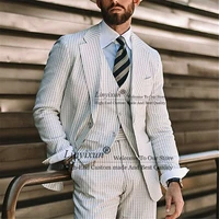 elegant striped men suits slim fit groom 3 pieces wedding blazer for men prom notch lapel costume homme jackets vest pants