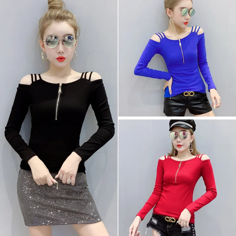 Женские футболки на молнии с открытыми плечами весенне-осенние модные топы