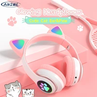 aikswe bluetooth headphones glowing cute catear paw led girls gift kids wireless headset hifi stereo bass 3 5mm aux with mic