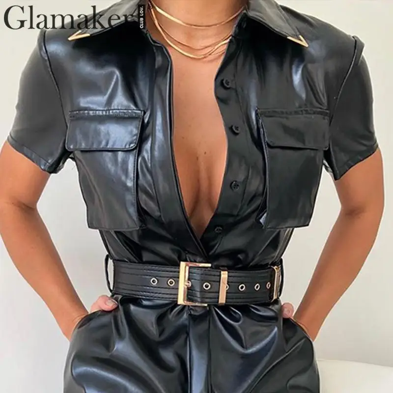 Женское офисное платье Glamaker черное из искусственной кожи с карманами и коротким