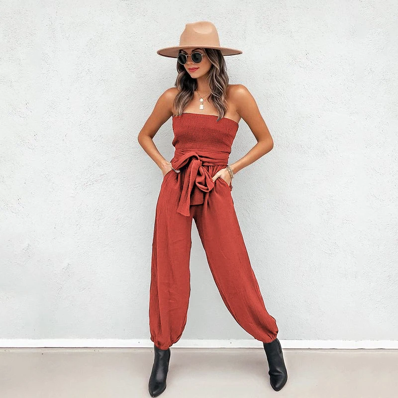 

Wrap Chest Lace Up Pocket Jumpsuit Women Summer Sexy High Waist Jumpsuit Lady Beach Style Party Street Wear Trousers Women 2021