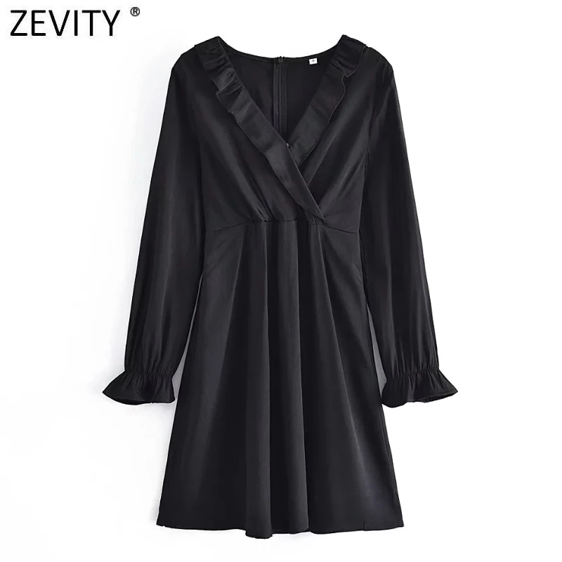 

ZEVITY New Women Sweet V Neck Pleat Ruffles Patchwork Black Mini Shirt Dress Female Chic Back Zipper Casual Party Vestido DS9125
