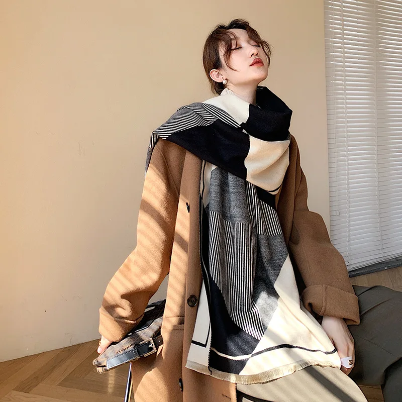 

2020 Korean version of geometric striped scarf women winter warmth padded shawl dual-use student imitation cashmere scarf