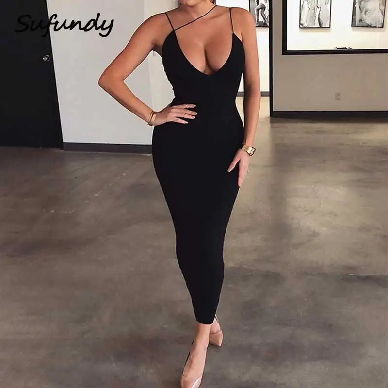 

Sufundy Sexy V-neck Halter Blackless Dress 2021 Summer Sleeveless Midi Dress Streetwear Christmas Party Night Club Dress Outfit
