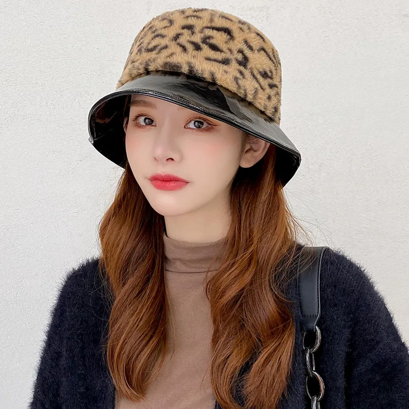 

JIN-Swhbias Bucket Hats for Women Imitation Cony Hair Leather Brim Leopard Printed Fur Buckets 2020 New Winter Warm Ladies Hats