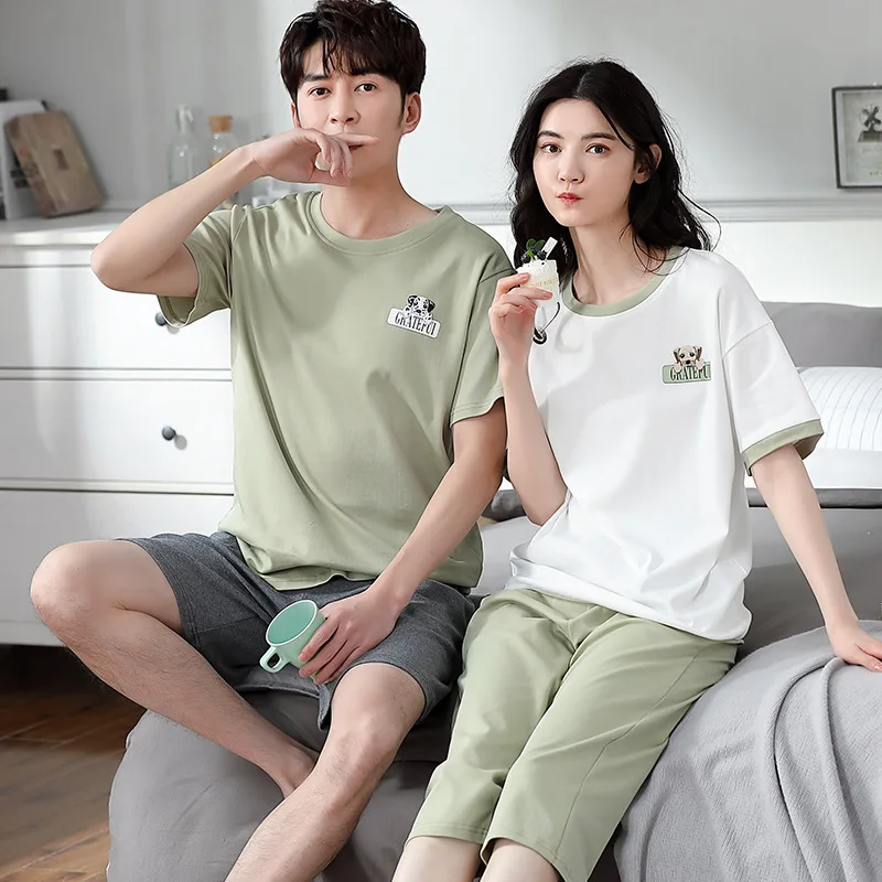 

Lovers Pajamas 100% Cotton Spring And Summer New Short Sleeve Round Neck Casual Wear Female Women's Home Men's Suit Couple Wear