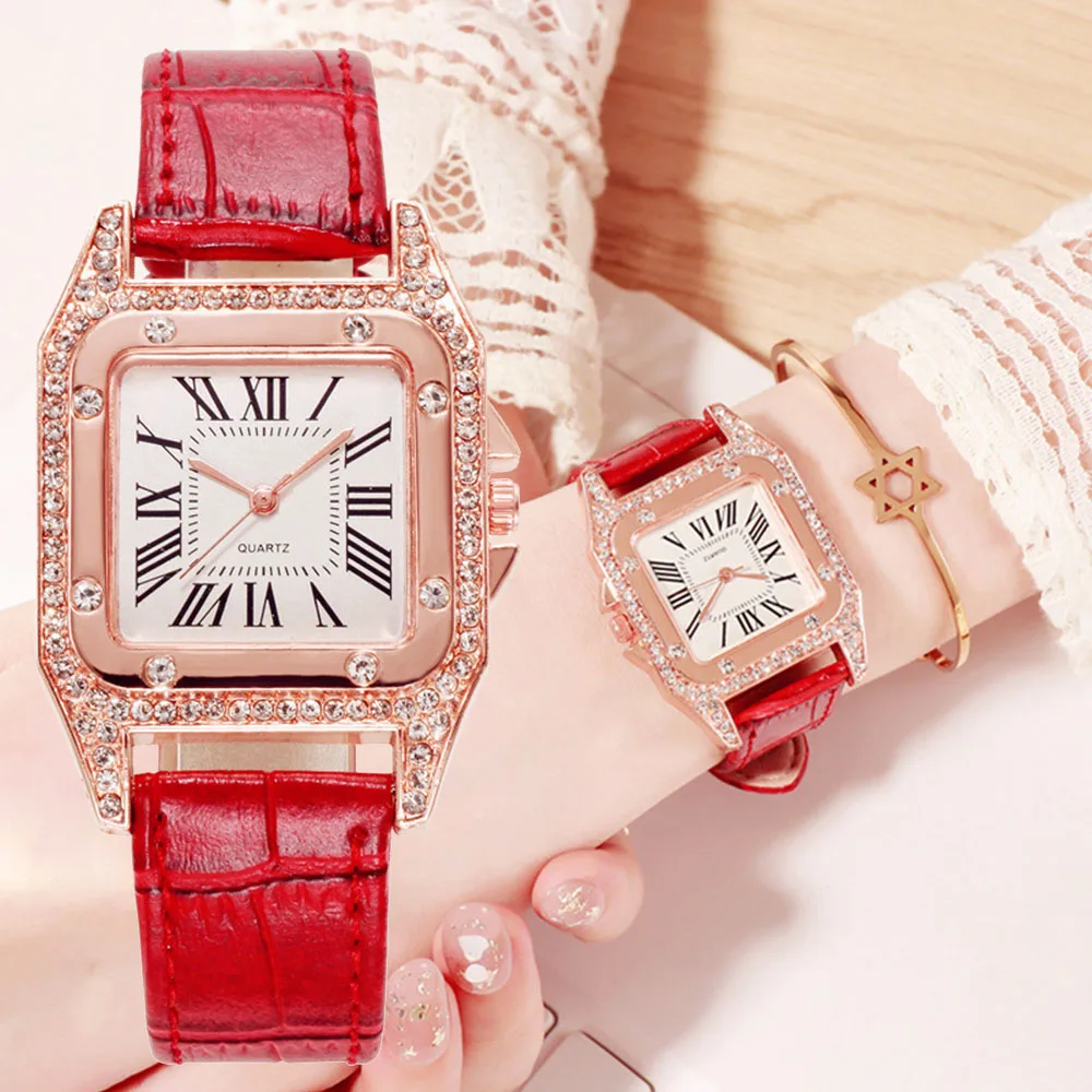 

Часы женские квадратные, модные повседневные со стразами и кожаным ремешком, с браслетом из стекла