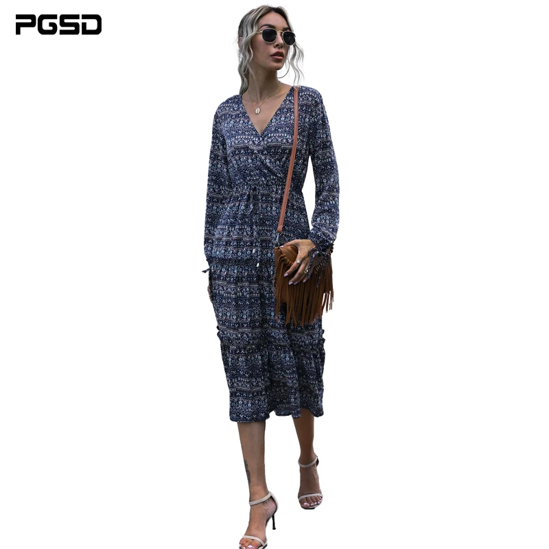 

PGSD 2020 Autumn Winter dress Fashion long lantern sleeves V-Neck Printing mid-calf skirt yellow black Casual Women clothes