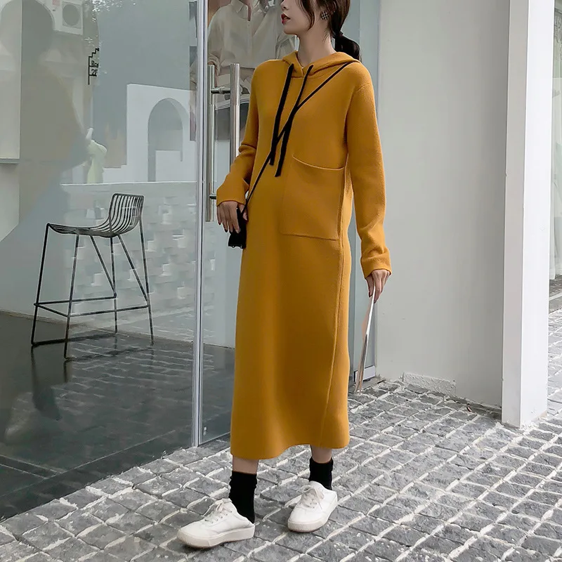 Осенне-зимнее длинное платье-свитер с капюшоном для беременных свободное теплое