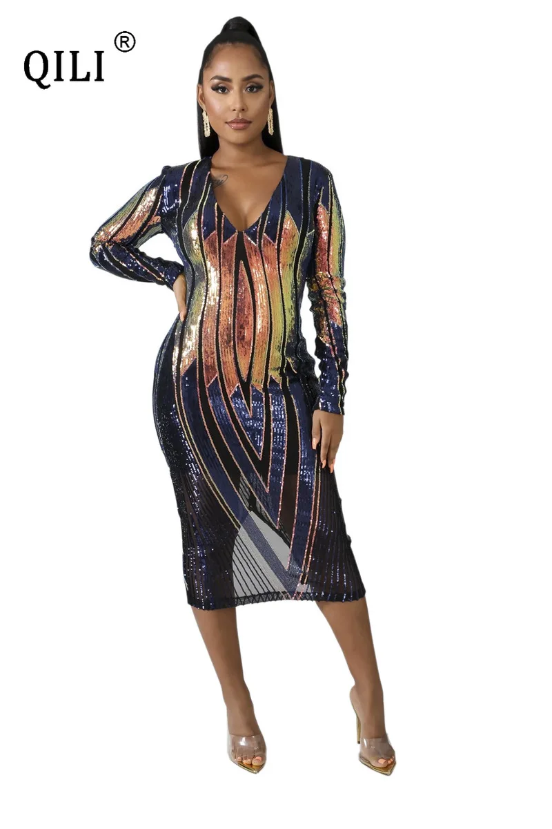 

QILI Sexy Women's Sequin Dress Hot Sale Sequin Geometric Sequins with Lined Dress 2020 Spring New Dress