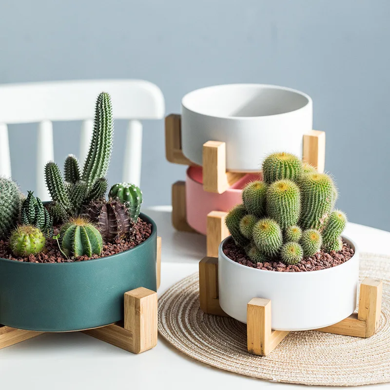 

Ceramic Modern Simple Large Creative Wooden Frame Large Diameter Hydroponic Flowerpots and Shelves