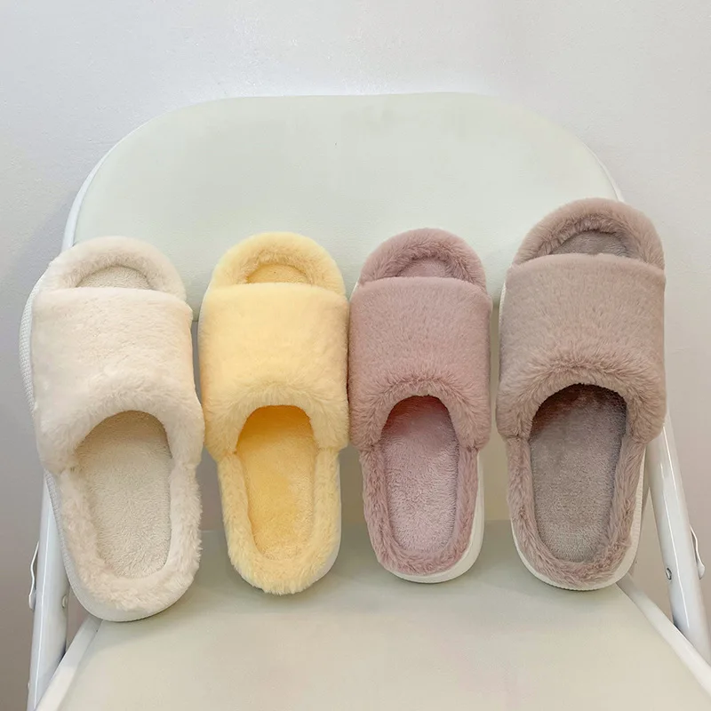 Thick-Soled Solid Color Plush Women's Slippers Summer Wear Ins Tide Net Red Home Indoor Cute Cotton Slippers Autumn And Winter