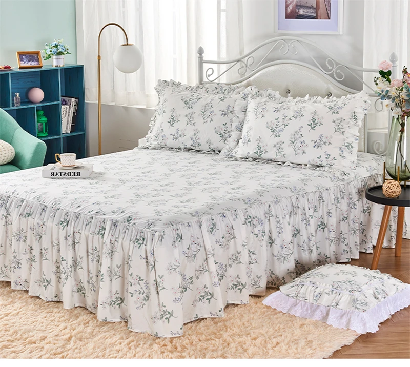 Хлопковый рельефный наволочка с оборками. Удобный наволочки и красивое зеленое постельное белье с маленькими свежими цветами, набор для постельного матраса HM-07F.