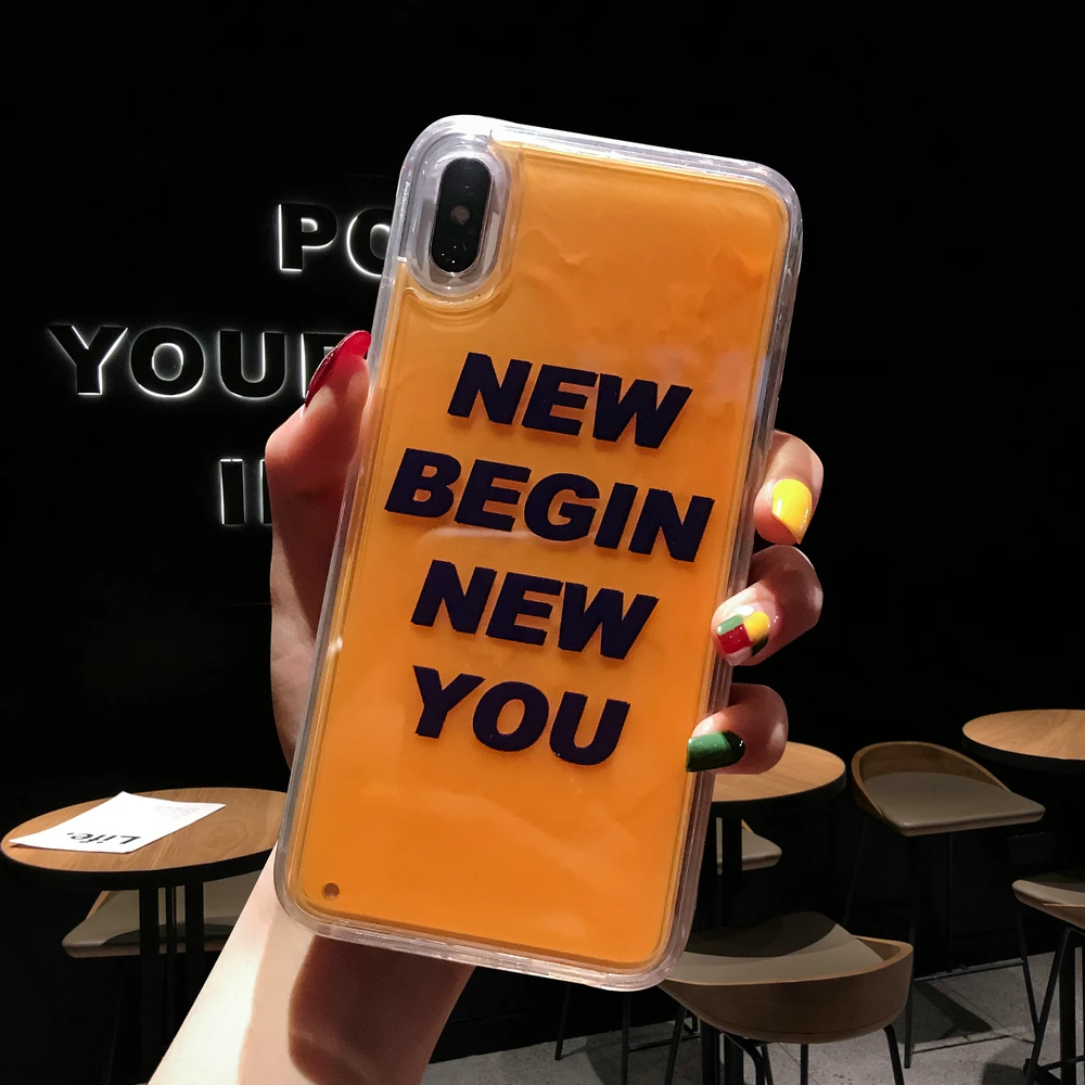 newbeginnewyou Неоновый песок непроницаемый для воды и жидкости чехол зыбучий песок задняя крышка светящийся песок Жидкий чехол для iPhone XS Max XR XS 7 8 6 6s Plus Мягкий чехол для телефона - Цвет: newbeginnewyou