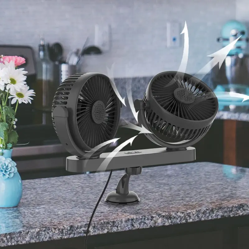 

Universal 12V 24V Suction Cup Electric Car Fan 3 Speed Dual Head Car Windshield Dashboard Auto Cooling Air Fan With USB Charger