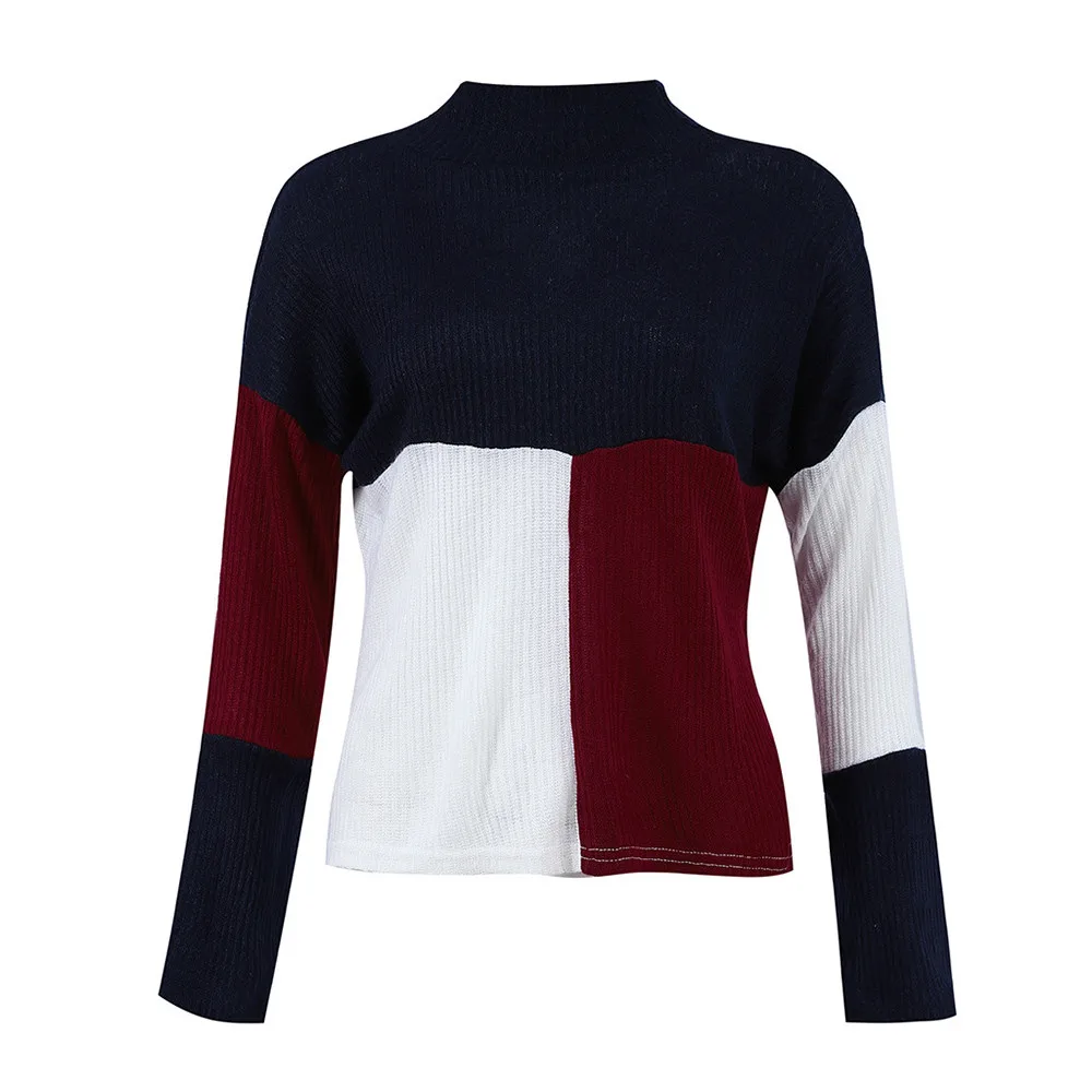 Jaycosin Women Colorblock Stand Long Sleeve Knitted Loose Sweater Tops Casual Quality Attractive Jumper Pullover Top Blouse | Женская