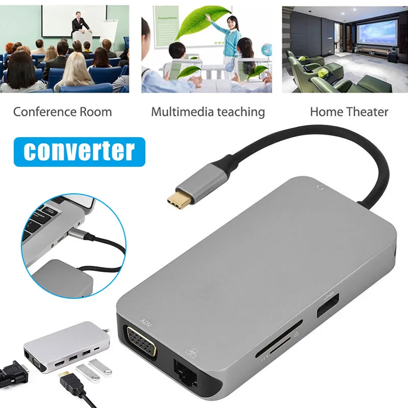 Тип c к RJ45 VGA HDMI концентратор PD аудио адаптер конвертер для ПК компьютер