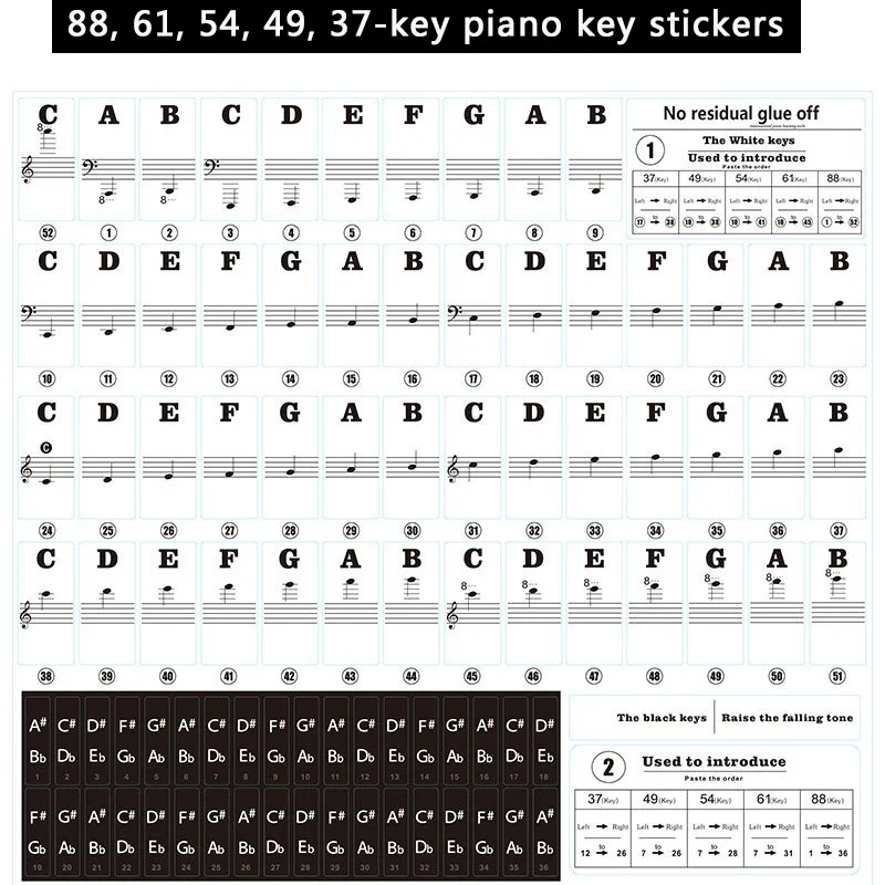 37/49/54/61/88 Key Piano Sticker Keyboard Removable Electronic For Kids Beginners Practice |