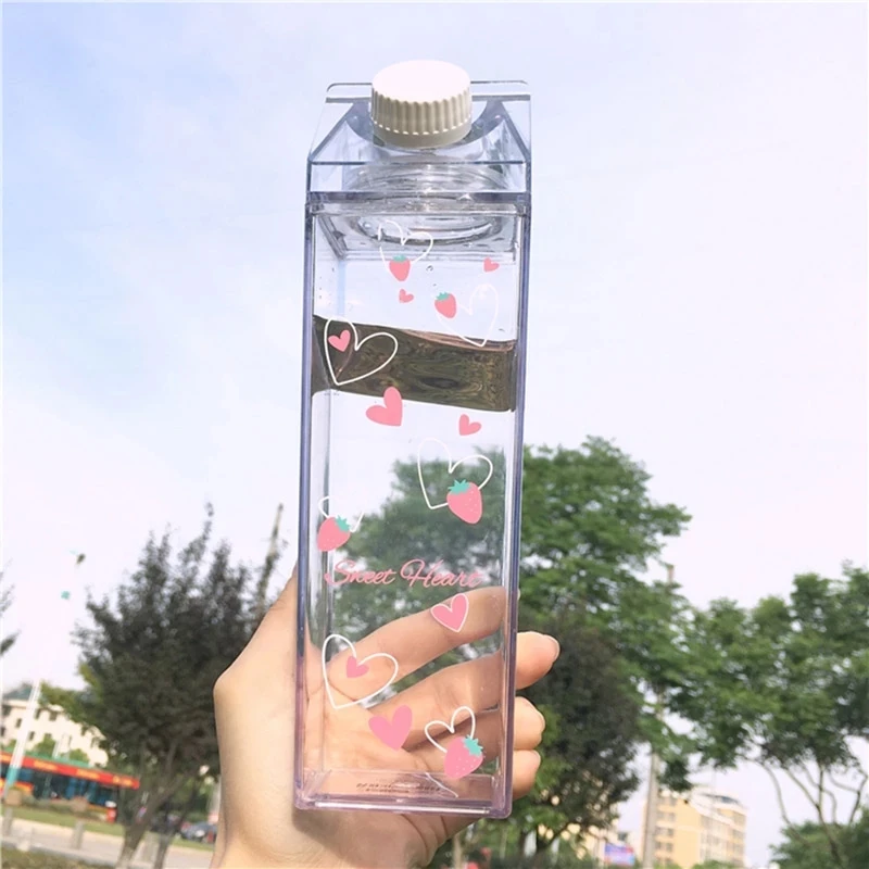 

500ML Creative Cute Plastic Clear Milk Carton Water Bottle Fashion Strawberry Transparent Milk Box Juice Water Cup for Girls
