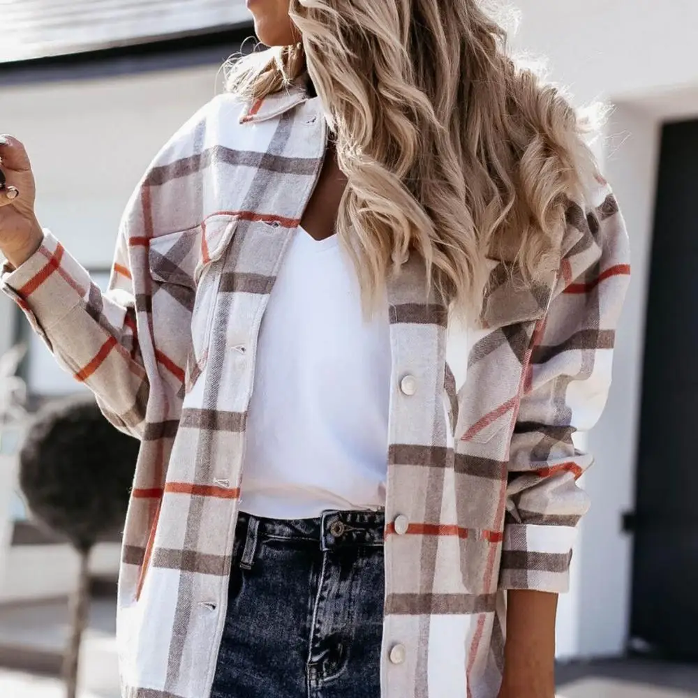 

Dropshipping Autumn Women Plaid Turn-down Collar Jacket Long Sleeve Single-breasted Coat