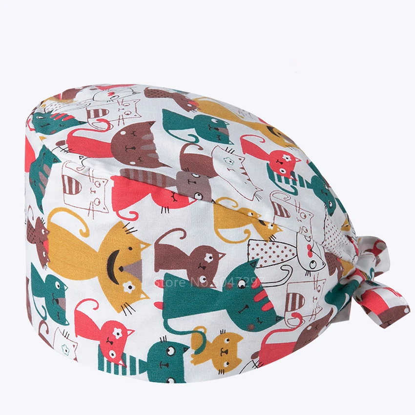 

Cotton Printing Operating Room Hat Men Women Unisex Dentist Cap Bandage Food Chemotherapy Sweat-absorbing Breathable Turban Hat