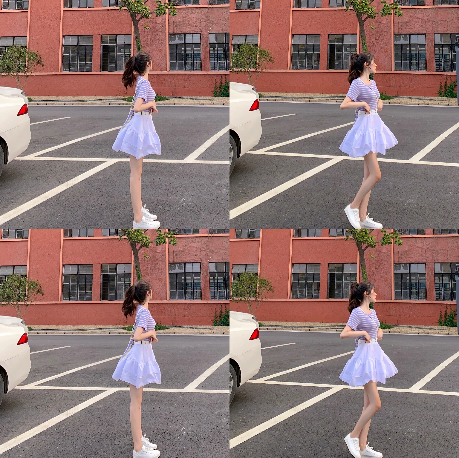 

Casual Set 2021 New Women's Backless Striped Knitted Short-Sleeved T-shirt High Waist Half-Length Short Skirt Fashion