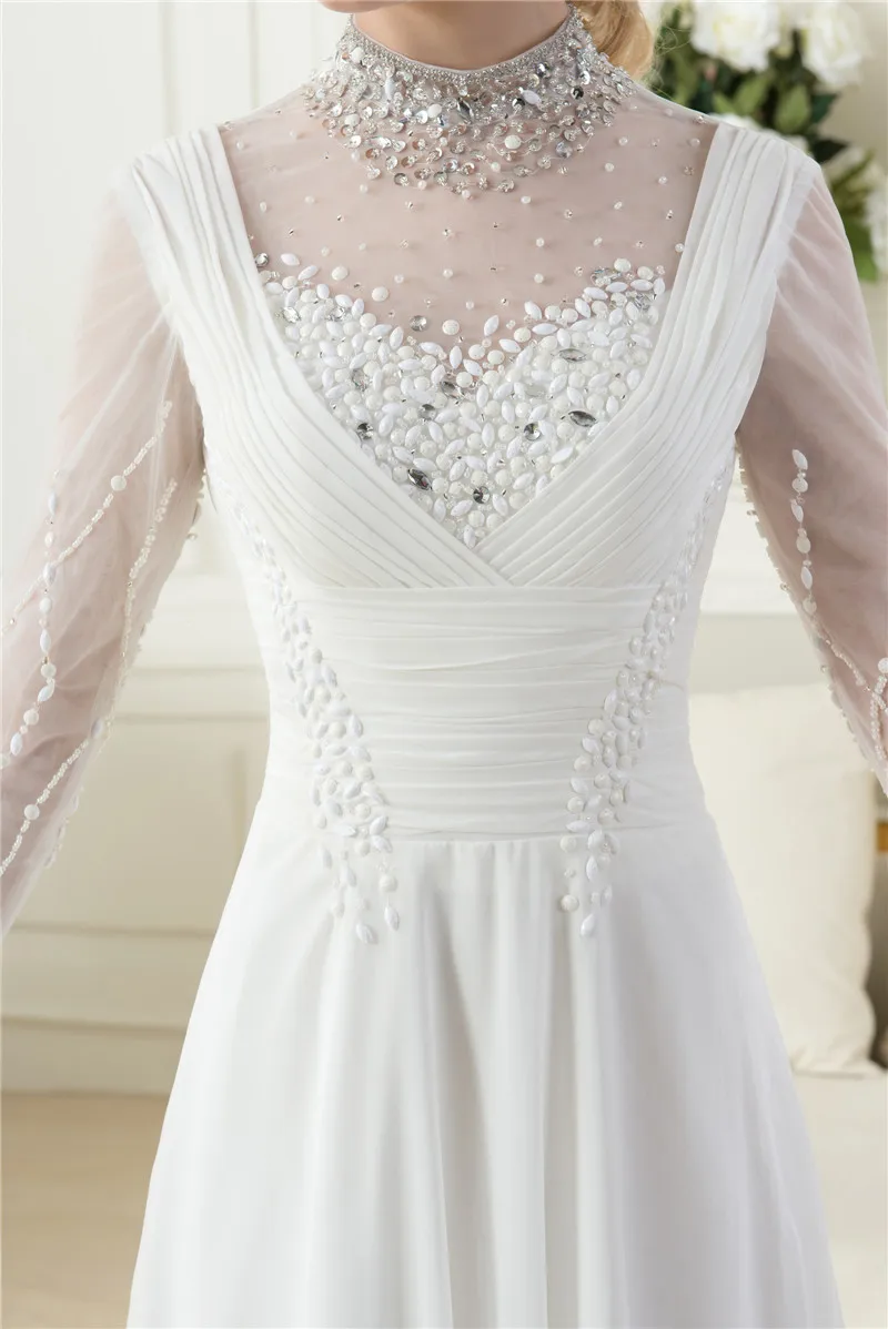 Elegant Beach Bridal Gown Real Sample Ivory High Neck Long Sleeves Plus Size Beaded Pearl Chiffon Bespoke Wedding Dresses |