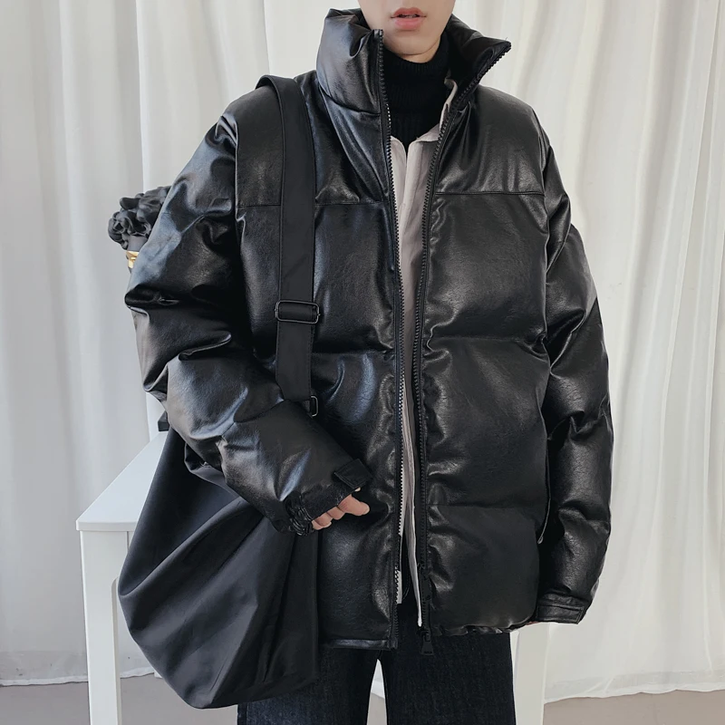 Мужская куртка пуховик из искусственной кожи Зимняя одежда в Корейском стиле