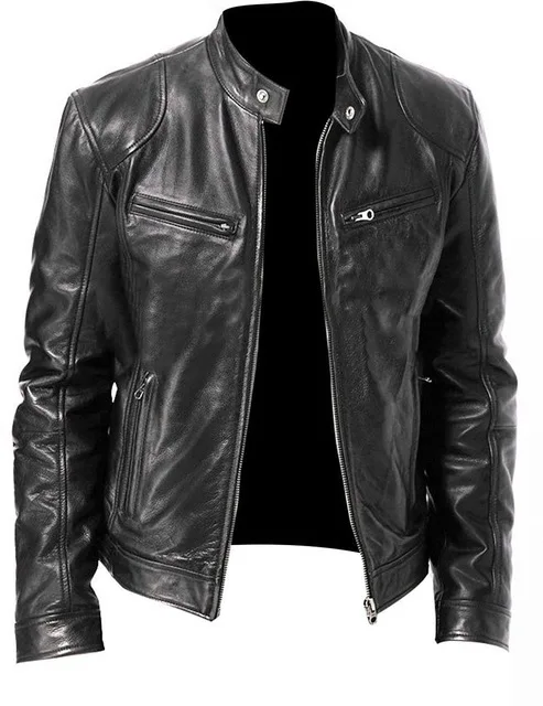 

Men Leather Jacket Winter Vintage Zipper Plus Size Motorcycle Jackets Fashion Stand Collar Pocket Solid Male Jacket Coat Outwear