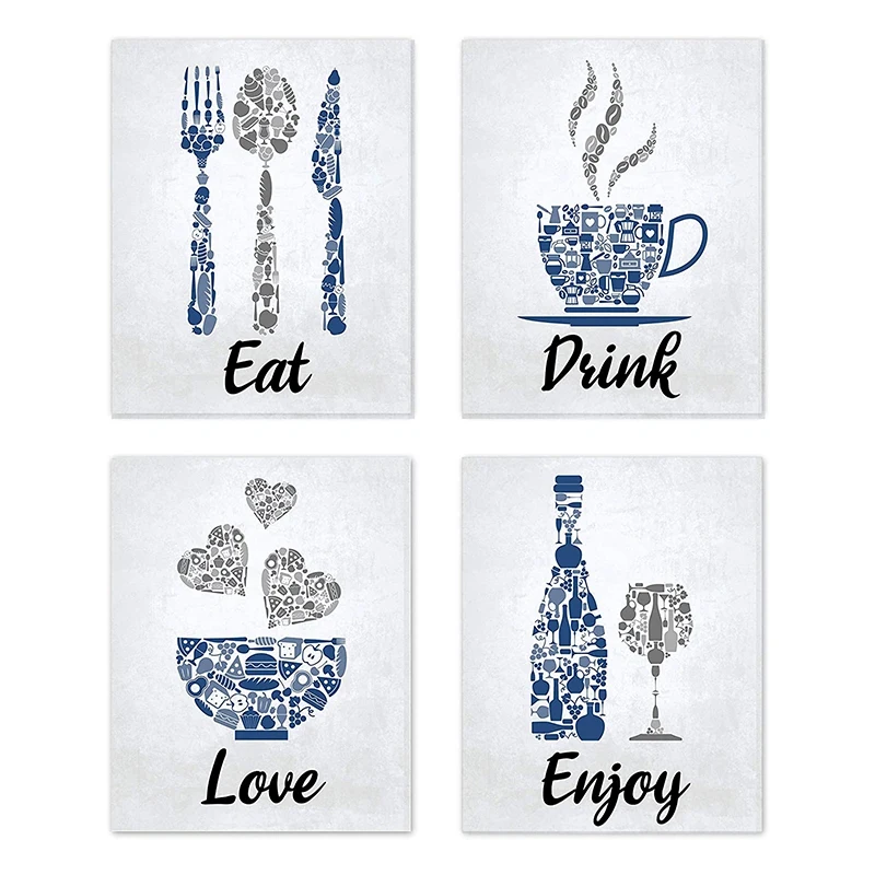 

Blue Navy Cobalt Grey White Vintage Inspirational Kitchen Restaurant Cafe Bar Wall Art Decorations Eat Drink Love Wine