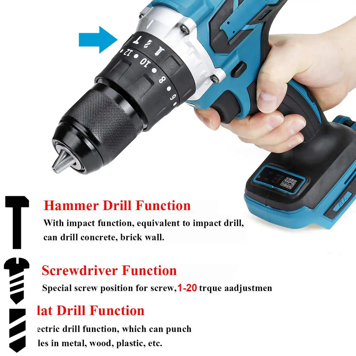 Taladro eléctrico 3 en 1 sin escobillas, destornillador eléctrico de 13mm, 20 + 3 torsión, taladro de impacto inalámbrico para batería Makita de 18V