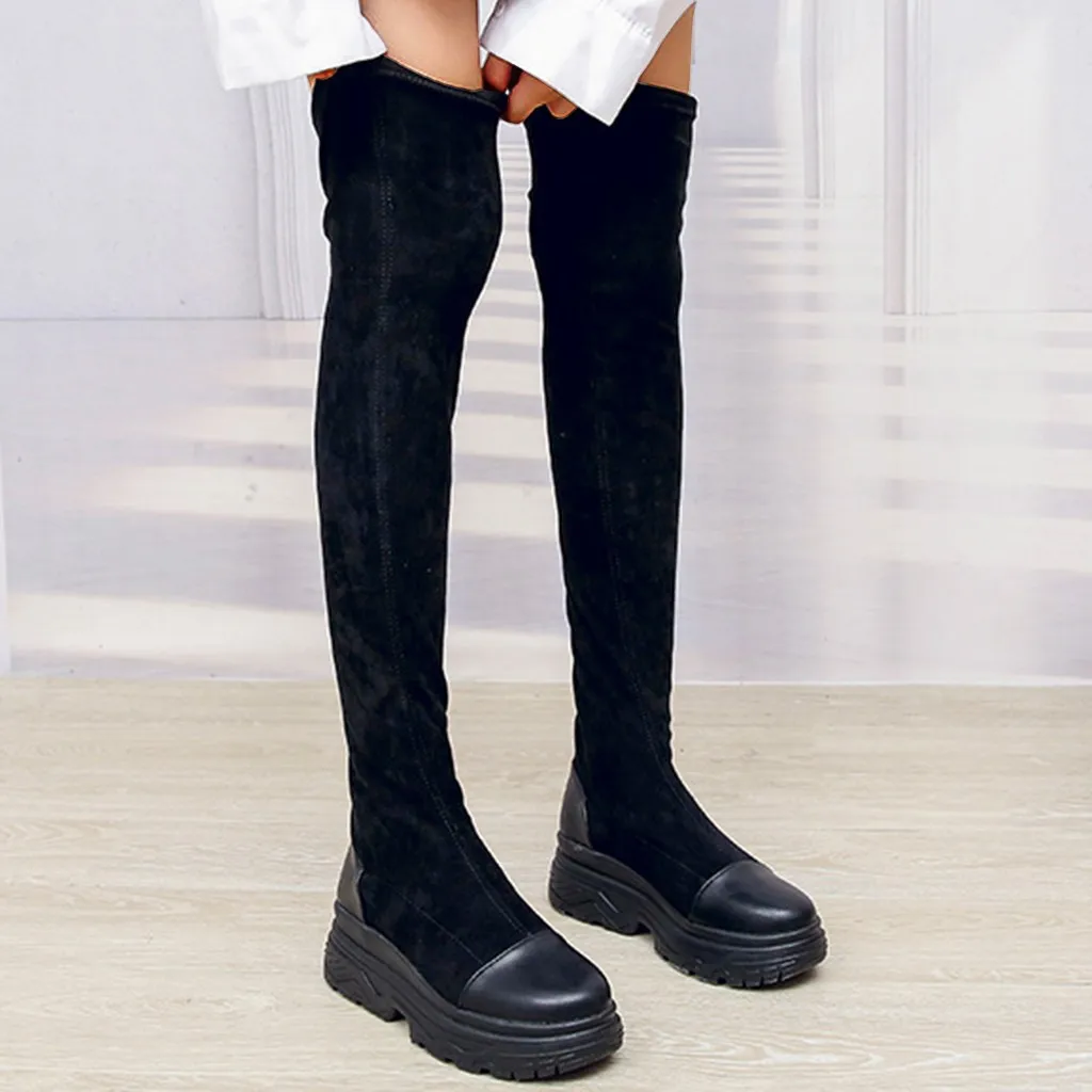 Замшевые теплые сапоги выше колена на плоской подошве 2020 г. Эластичная женская