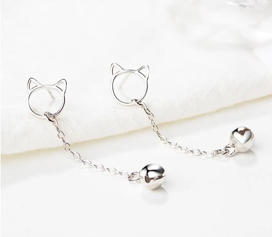 

925 Sterling Silver Cute Cat Long Drop Earrings for Women Girl Wedding Jewelry pendientes eh868