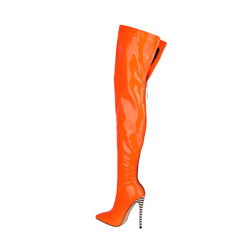 

Patent Leather Thigh High Boots Women Pointed Toe Stiletto Zebra Heels Over knee Boots Lady Zip Thin Heels Banquet Runway Shoes