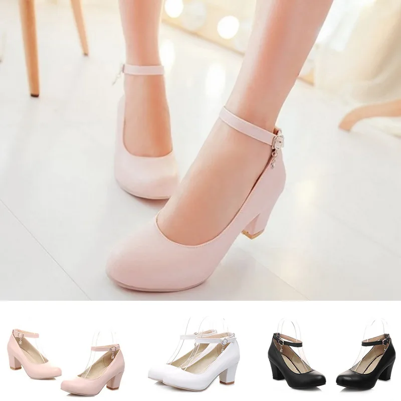 LIN KING New Women Pumps Solid Buckle Round Toe Lolita Shoes Square Heel Ankle Strap Shoes High Heel Platform Shoes Plus Size