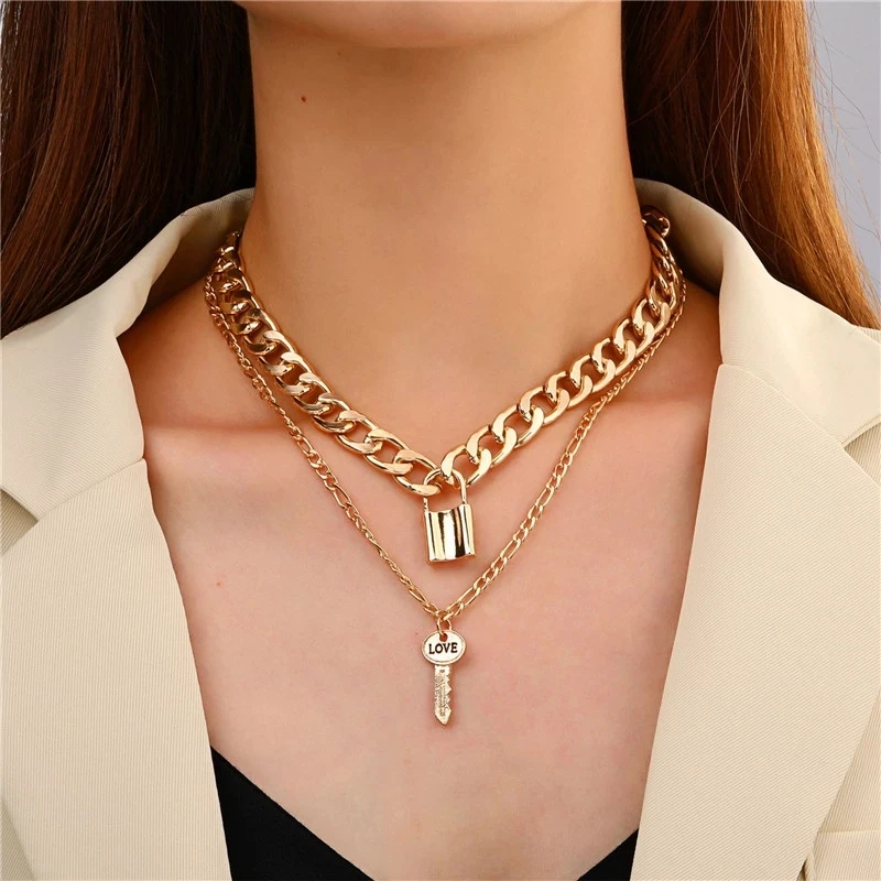 

2021 Vintage Multi-layer Coin Chain Choker Necklace For Women Gold Silver Color Fashion Lock Chunky Chain Necklaces Jewelry