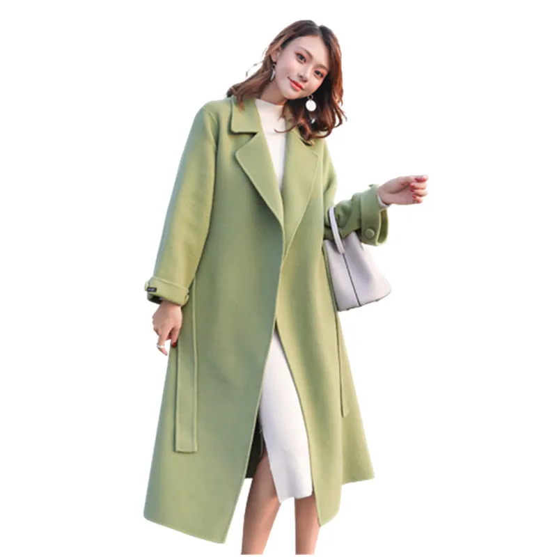 Женское шерстяное пальто с поясом длинная куртка-ветровка большого размера