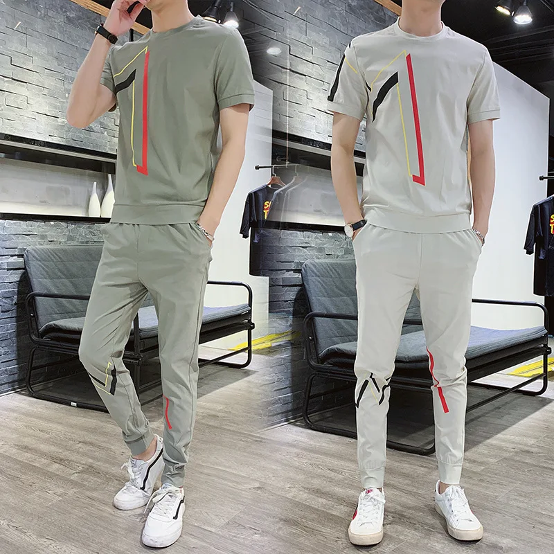 

Top Selling Product In 2020 Summer New Men's Casual Sports Suit Youth Casual Printed Short-sleeved T-shirt Trousers Trend Suit