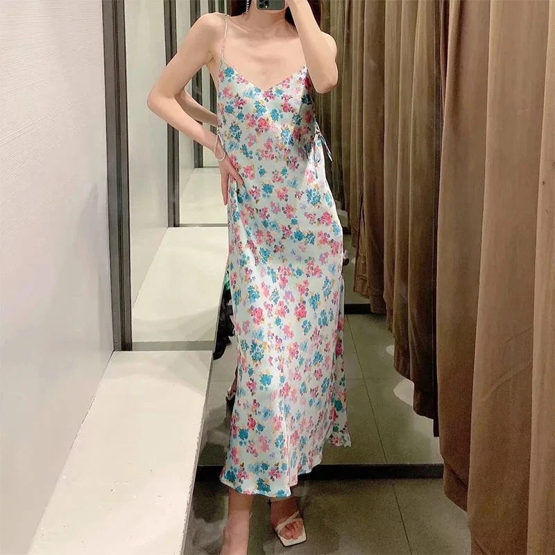 

ZA 2021 Spring Summer Women Folds Flowers print sling mini dress Square Collar Sexy print Length Dress party Luxury Sundress